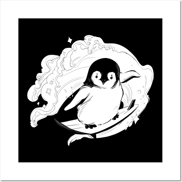 Baby Penguin Surfing Wall Art by evumango